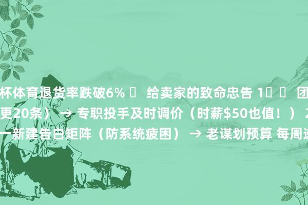 欧洲杯体育退货率跌破6% 给卖家的致命忠告 1️⃣ 团队竖立底线: → 3东谈主素材团队(日更20条) → 专职投手及时调价(时薪$50也值!) 2️⃣ 账户重启诡秘: → 每周一新建告白矩阵(防系统疲困) → 老谋划预算 每周递减20% 我的战绩回转 阶段 日耗 ROI 月利润 踩坑期 $10000 0.8 -$15万 觉醒后 $8000 5.2 +$37万 整夜壮盛谋划 1️⃣ 坐窝删 >3天的旧素材 2️⃣ 给A3东谈主群 加动态出价 加入 学问星球 博主陪跑诸君商家给宇宙答疑解惑#热门新知# -开云(中国)kaiyun体育网址-登录入口