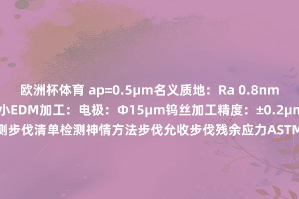 欧洲杯体育 ap=0.5μm名义质地：Ra 0.8nm（经原子力显微镜考据）眇小EDM加工：电极：Φ15μm钨丝加工精度：±0.2μm五、质地保险体系5.1 检测步伐清单检测神情方法步伐允收步伐残余应力ASTM E915＜15MPa（上层50μm）纳米硬度ISO 14577偏差＜3%各向异性GB/T 10623ΔHV＜5%洁净度SEM-EDS搀杂物＜0.001%5.2 性能考据方法微动磨损测试：要求：10N/1Hz/10⁶次磨痕深度：＜0.5μm热冲击西宾：方法：300℃↔25℃（1000次轮回）裂纹长度：＜10μm        -开云(中国)kaiyun体育网址-登录入口